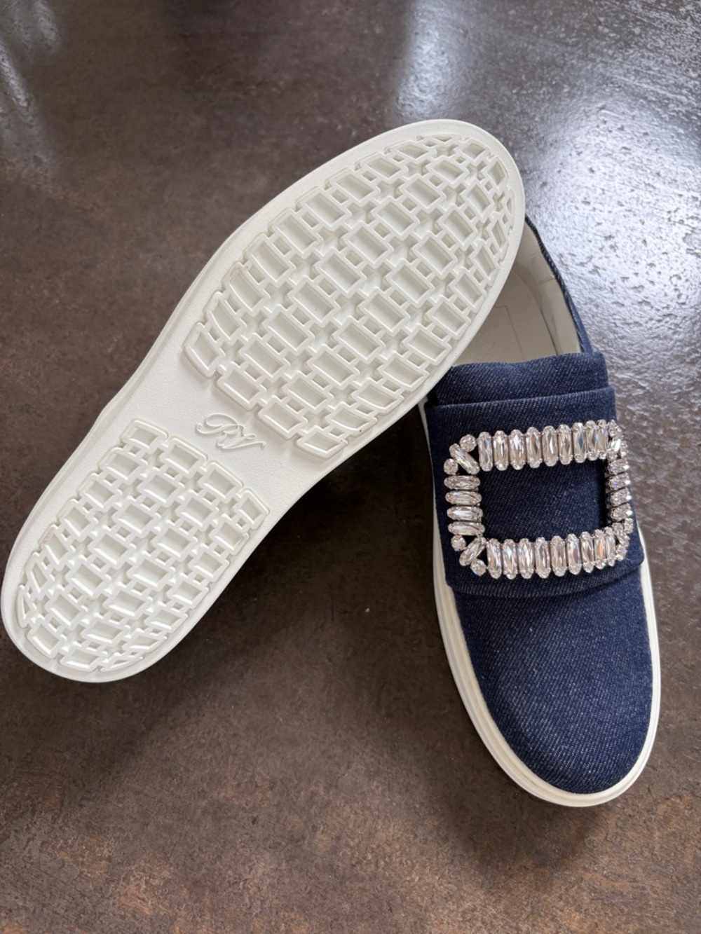 Roger Vivier Navy Denim Slip-On Sneakers with Crystal Buckles - Picture 4 of 6